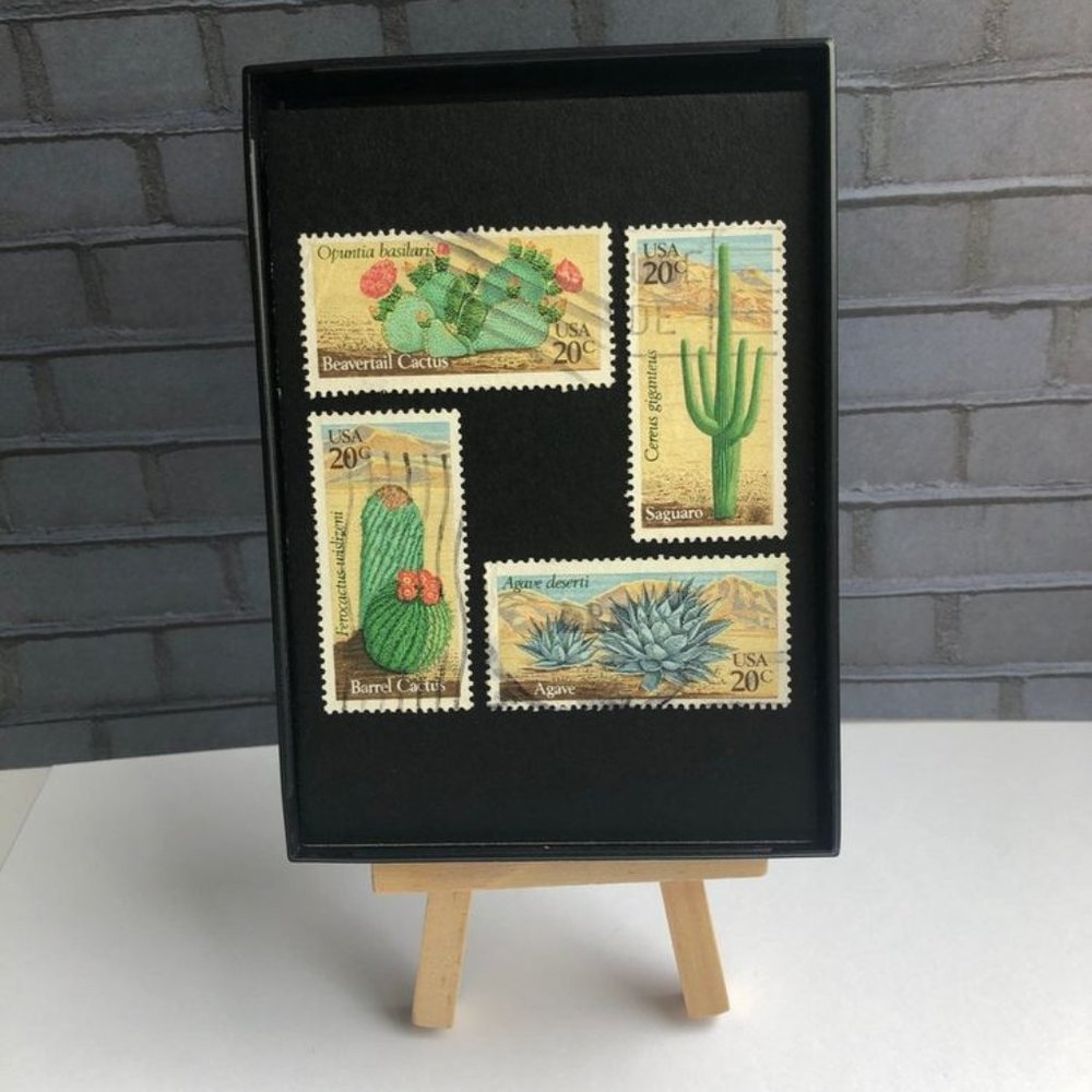 Cactus Framed Used Postage Stamp Art, #EF22